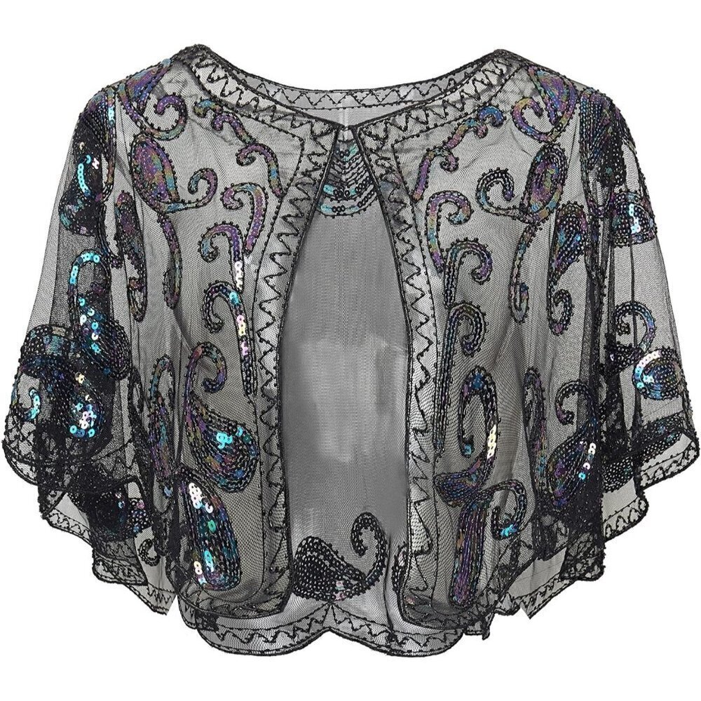Babeyond 1920s Shawl Wraps Beaded Cape Bridal Shawl Cover Up - Black  Colorful